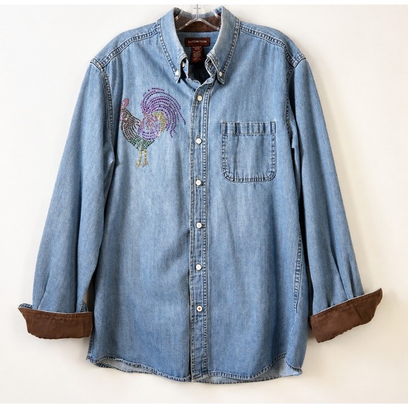 Covington Tops - Vintage 90's Denim Shirt Womens Medium Blue Rhinestone Rooster Farmcore Western